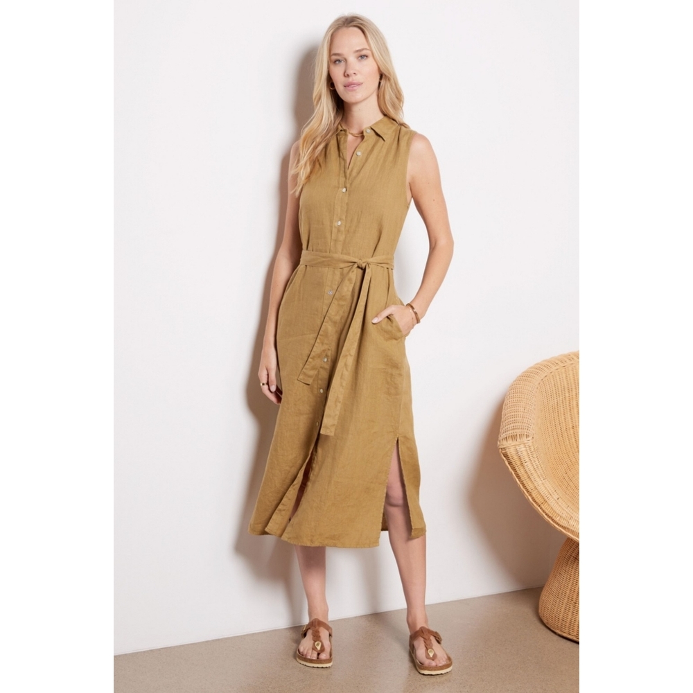 Faherty | Linen Laguna Sleeveless Midi Shirt Dress in Dull Gold Size Large